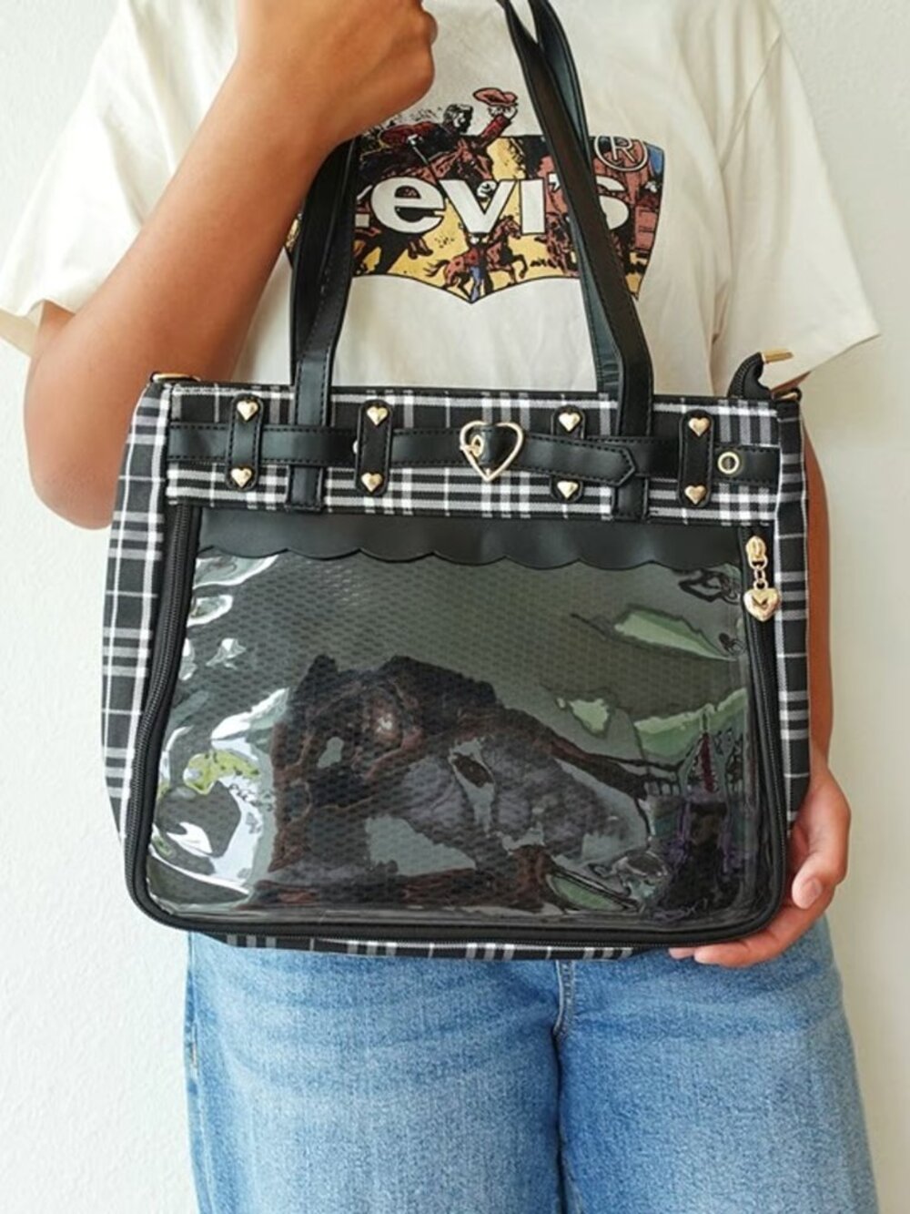 BLACK Y2K Plaid Ita Bag Crossbody Tote Shoulder Bag Kawaii Pin Display Itabag